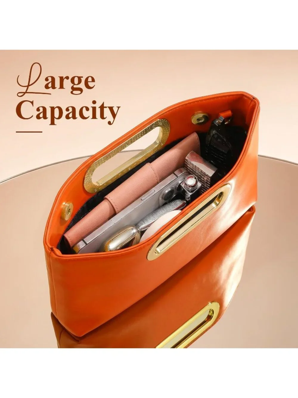Women's Orange Clutch Handbag Modern Faux Leather with Metal Handle Evening Bag